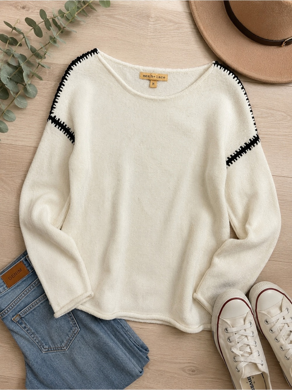 Cozy & mesh Cream Sweater with Black Trim - Women